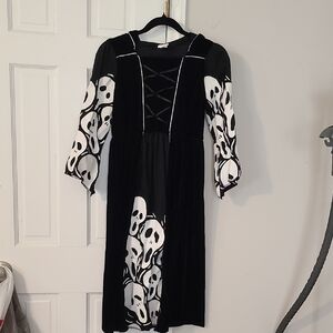 Gothic Black Dress with White Skull Design
